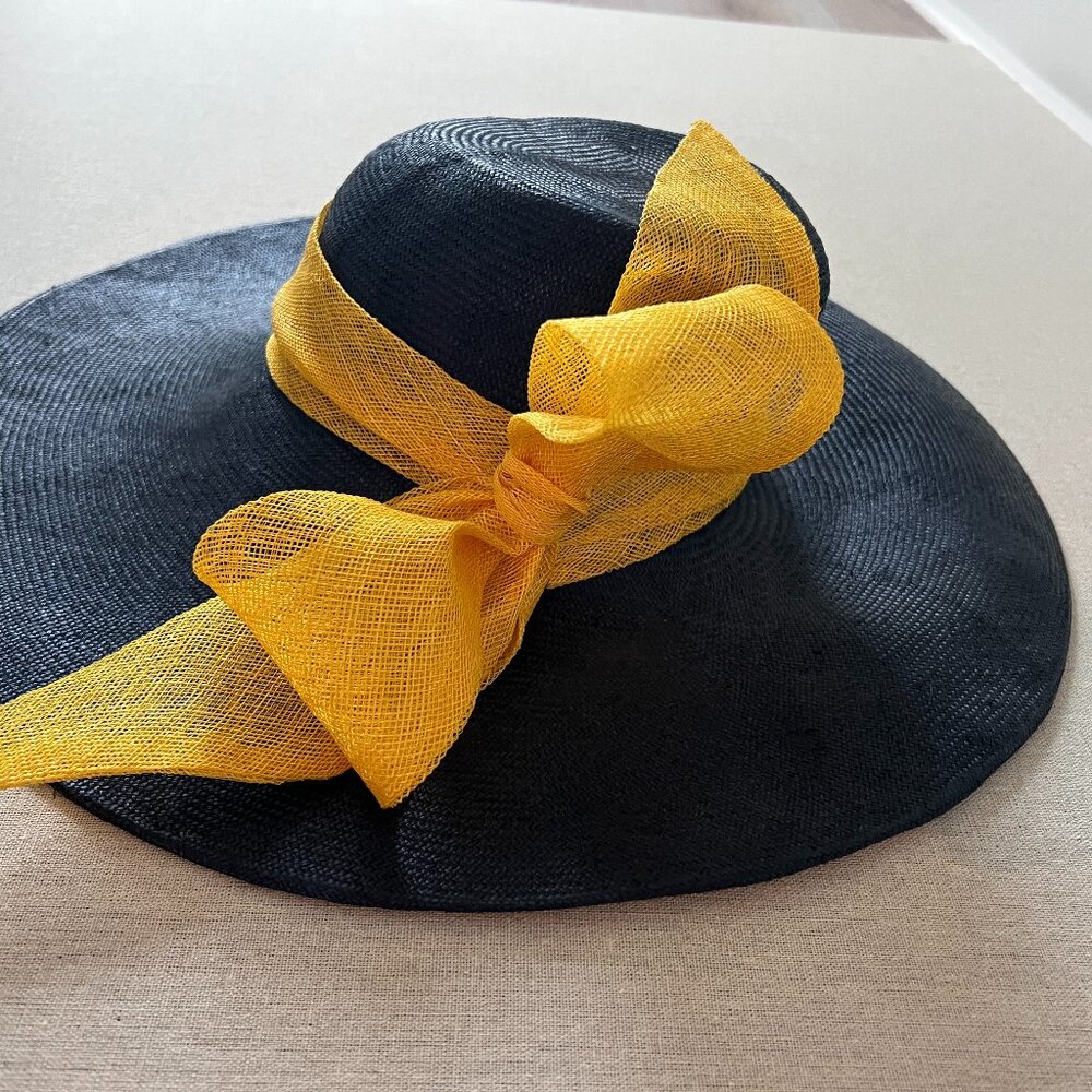 Navy Straw Hat *Designer* with Adjustable Sizer Band Oversized Yellow Poppy Flow